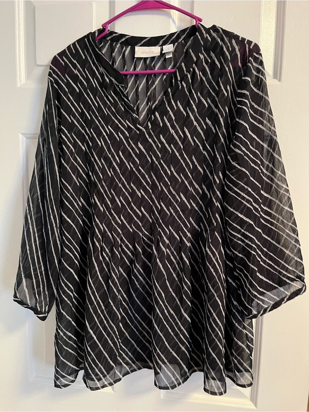 Chico's Black and White Diagonal Stripe V-Neck Blouse
